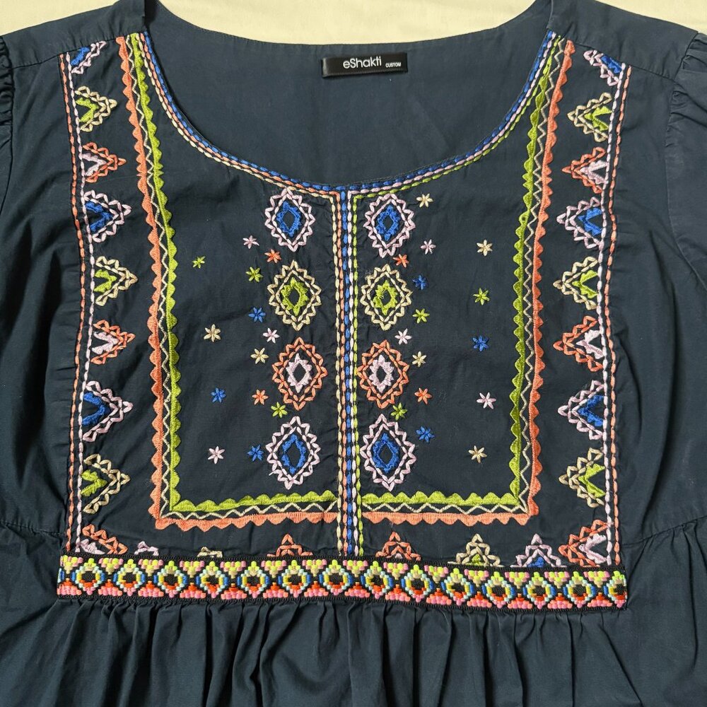 eShakti XL Custom Navy Blue Stretch Embroidered Boho Style Bell Peplum Top - Picture 3 of 9